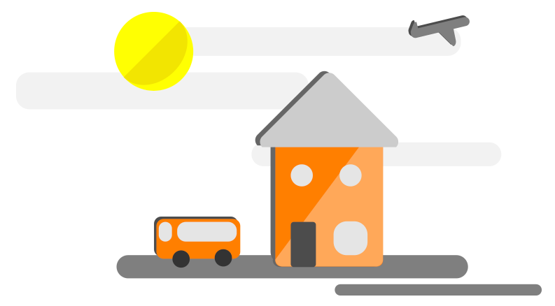 illustration of a house a bus and an airplane